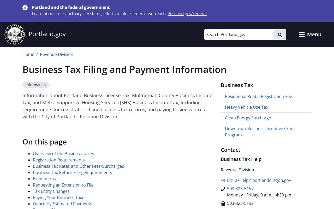 Portland business tax information page for residents directory