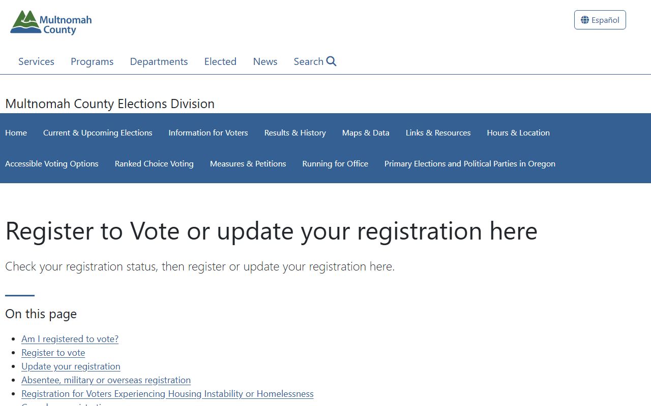 Multnomah County voter registration page in the residents directory