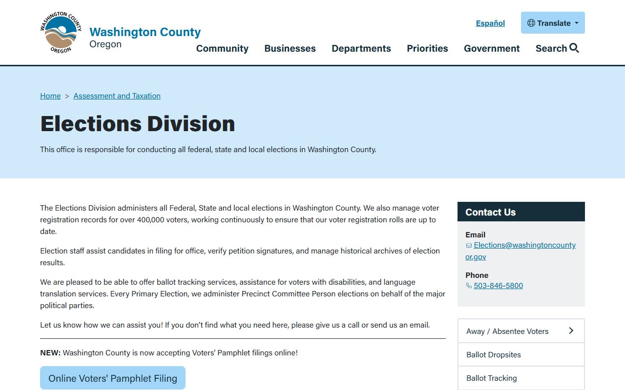 Washington County Elections Division website for the Washington County residents directory