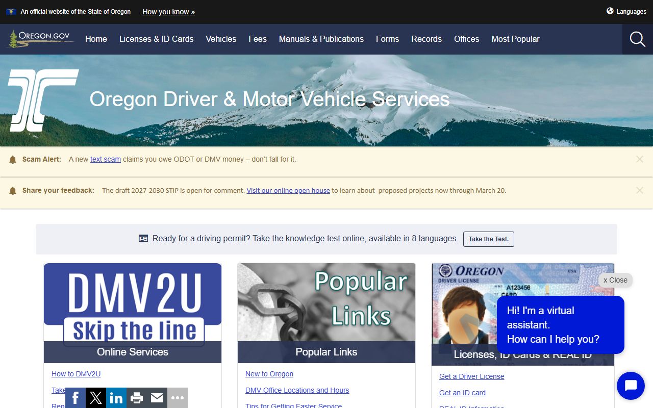 Oregon DMV residents directory driver records page