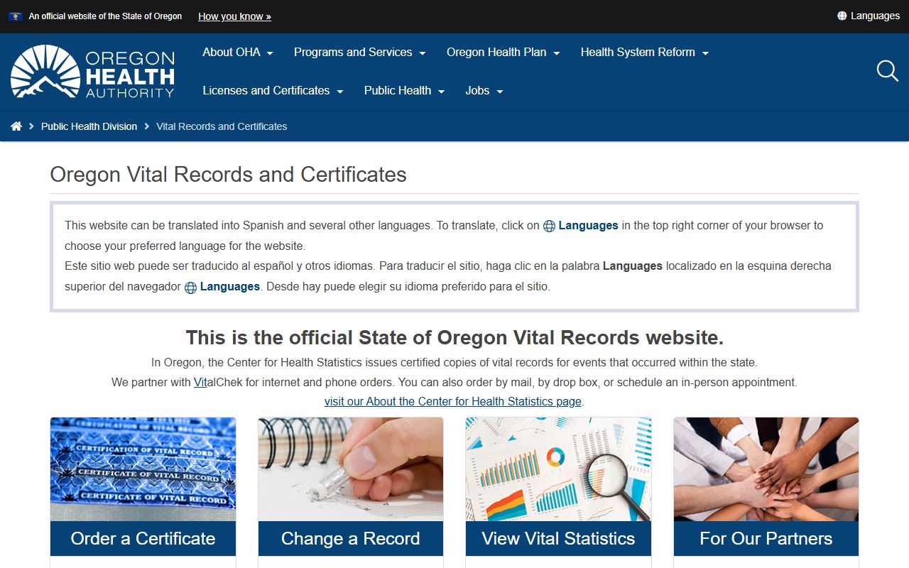 Oregon vital records residents directory birth and death certificates