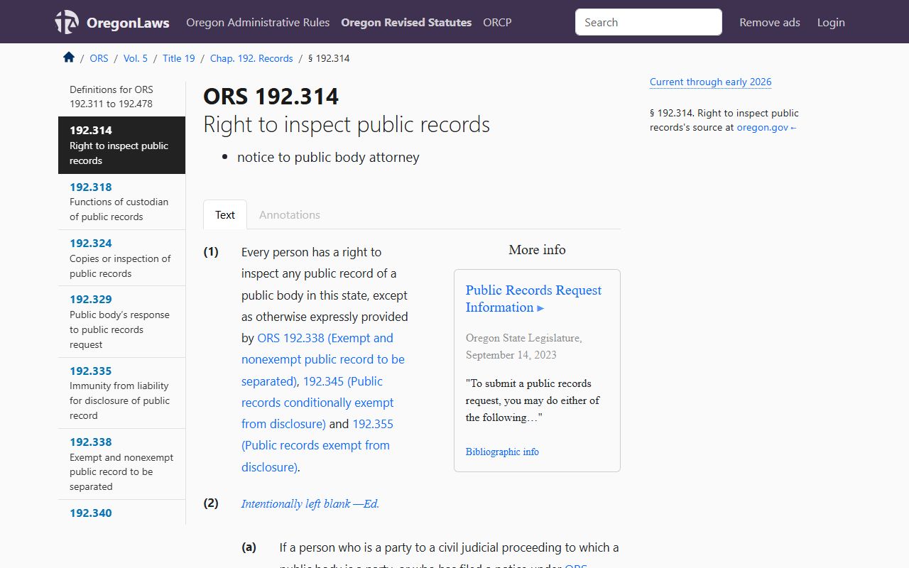 Oregon ORS 192 public records law residents directory