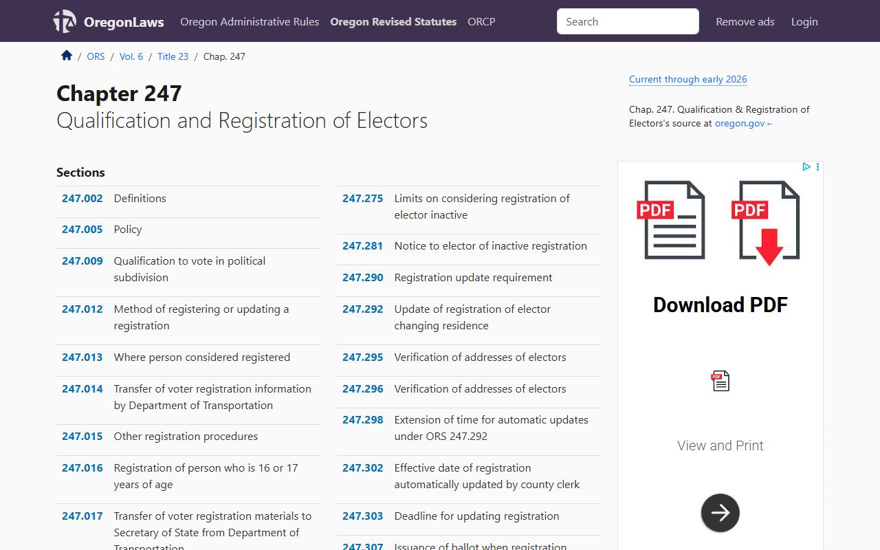 Oregon ORS Chapter 247 voter registration law residents directory
